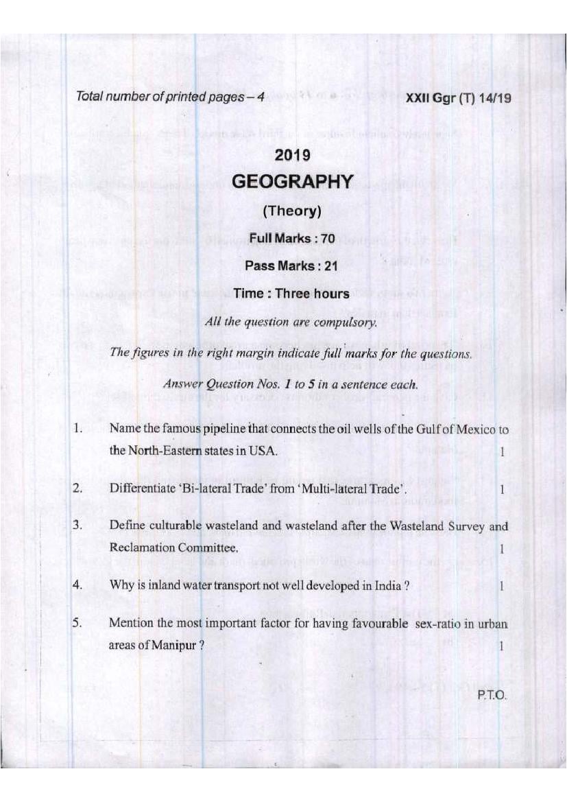 Manipur Board Class 12 Question Paper 2019 for Geography - Page 1