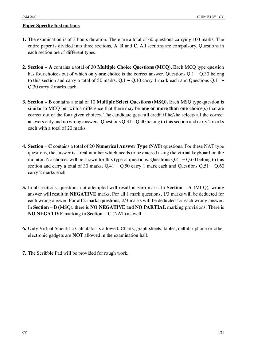 IIT JAM 2020 Question Paper Chemistry (CY) - Page 1
