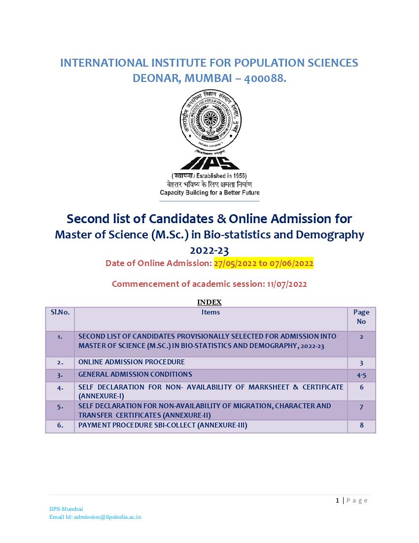 IIPS Admission 2022 2nd Provisional Selected Candidates List for MBD - Page 1