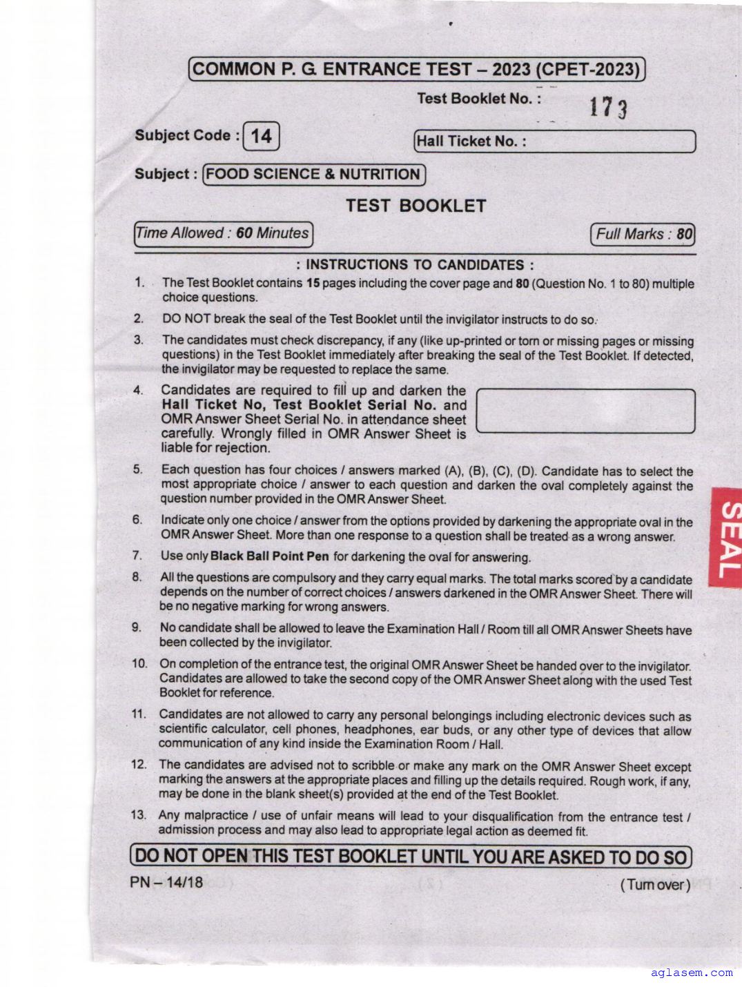 Odisha CPET 2023 Question Paper Food Science Nutrition - Page 1 of 16