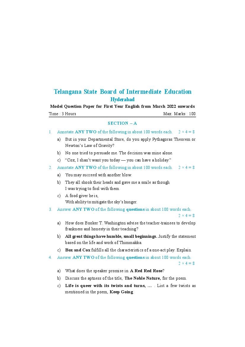 TS Inter 1st Year English Model Paper 2023 (PDF) Telangana