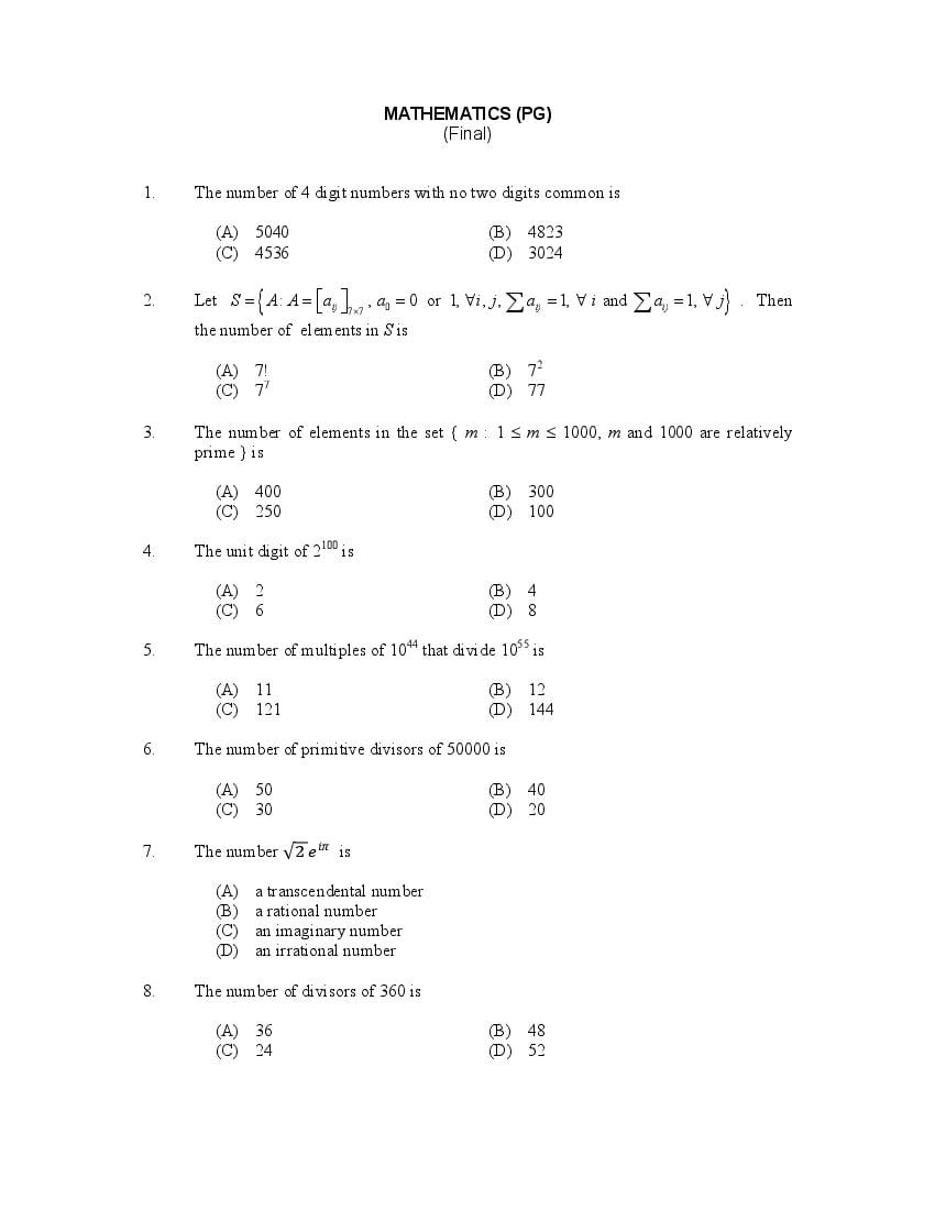 CUSAT CAT 2017 Question Paper Maths - Page 1