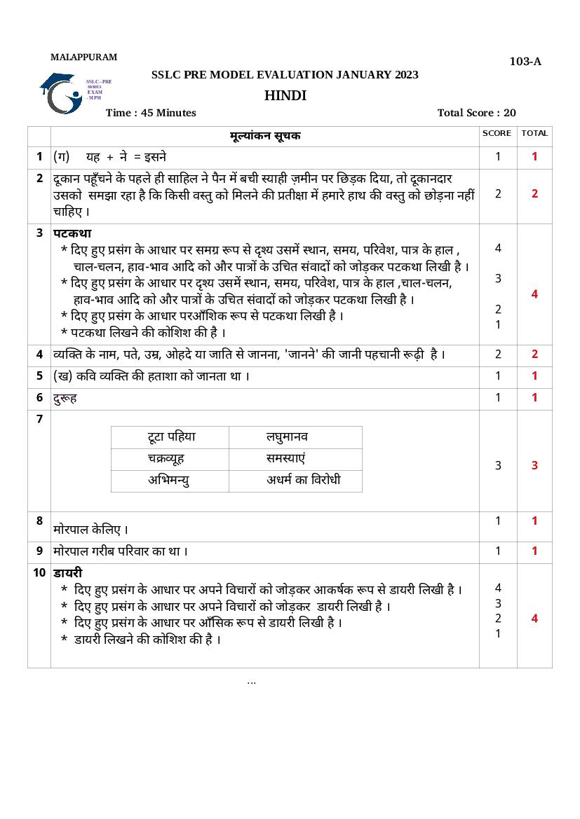 Kerala SSLC Pre Model Question Paper 2023 Hindi - Page 1