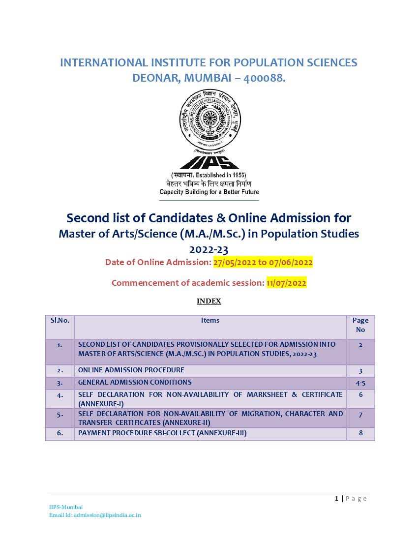 IIPS Admission 2022 2nd Provisional Selected Candidates List for MA, M.Sc - Page 1
