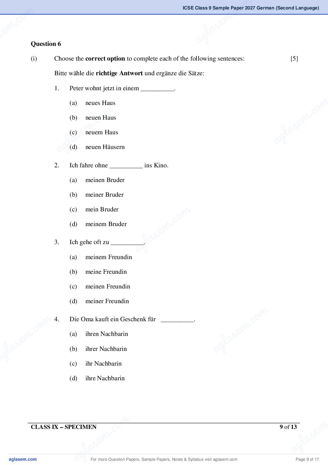 ICSE Class 9 German (Second Language) Specimen Paper 2027 (PDF)