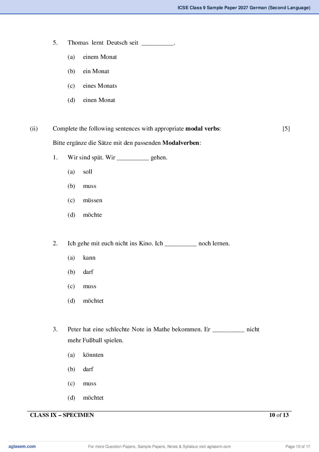 ICSE Class 9 German (Second Language) Specimen Paper 2027 (PDF)