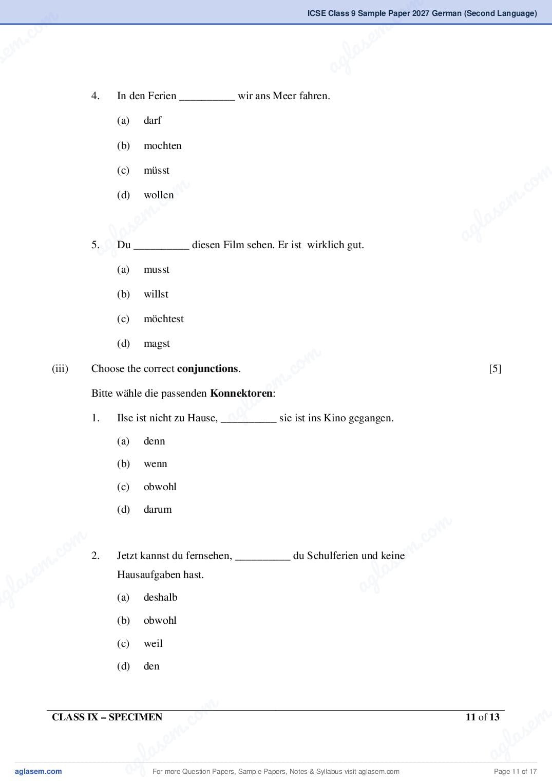 ICSE Class 9 German (Second Language) Specimen Paper 2027 (PDF)