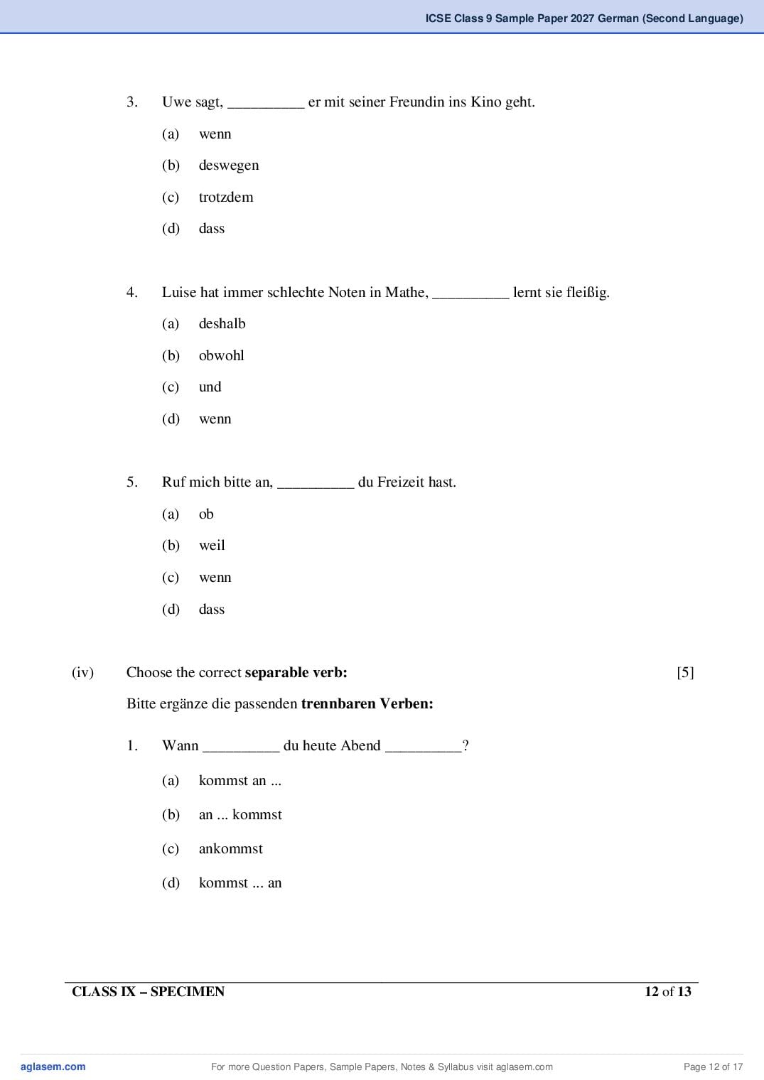 ICSE Class 9 German (Second Language) Specimen Paper 2027 (PDF)