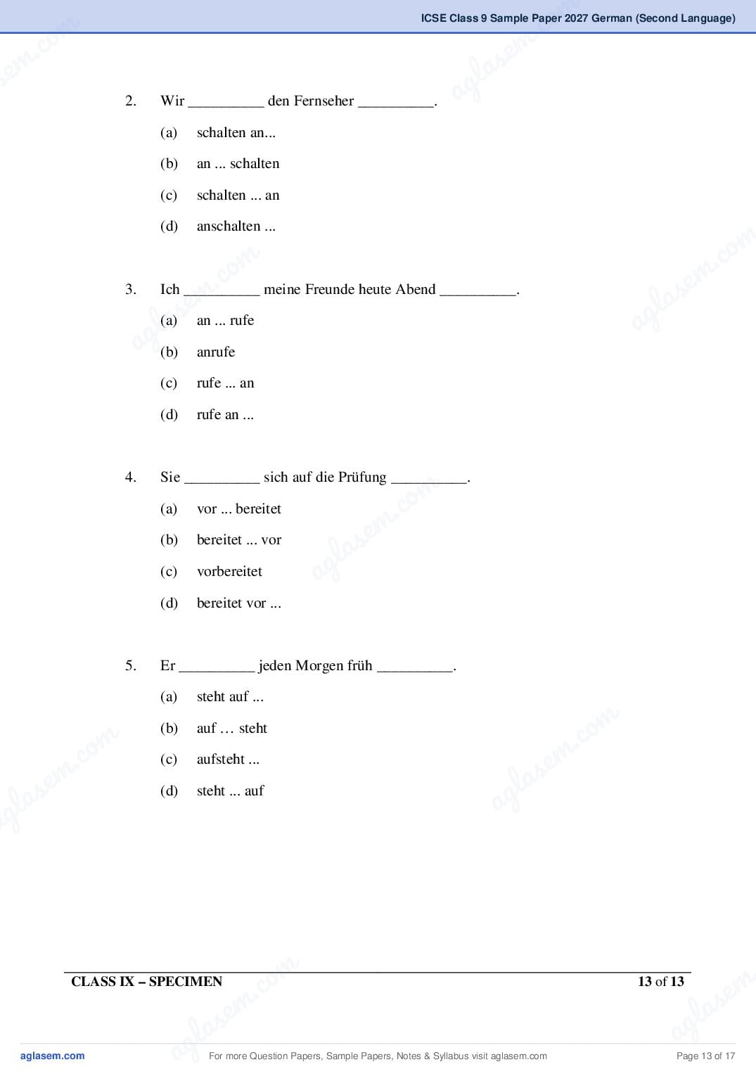 ICSE Class 9 German (Second Language) Specimen Paper 2027 (PDF)