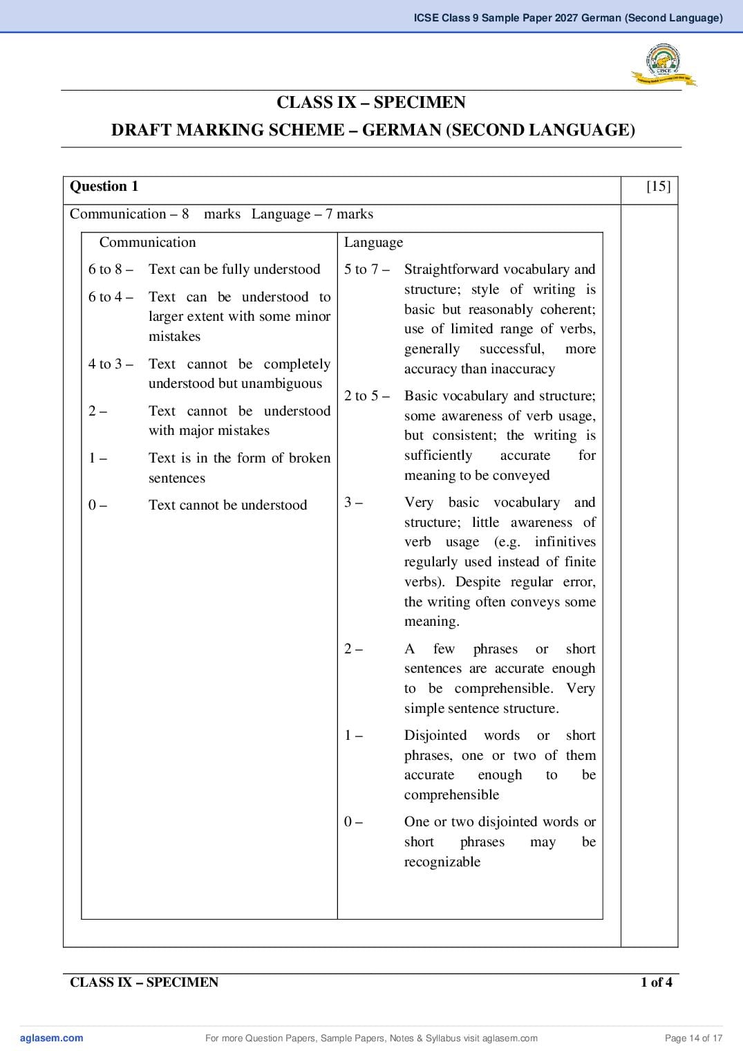 ICSE Class 9 German (Second Language) Specimen Paper 2027 (PDF)