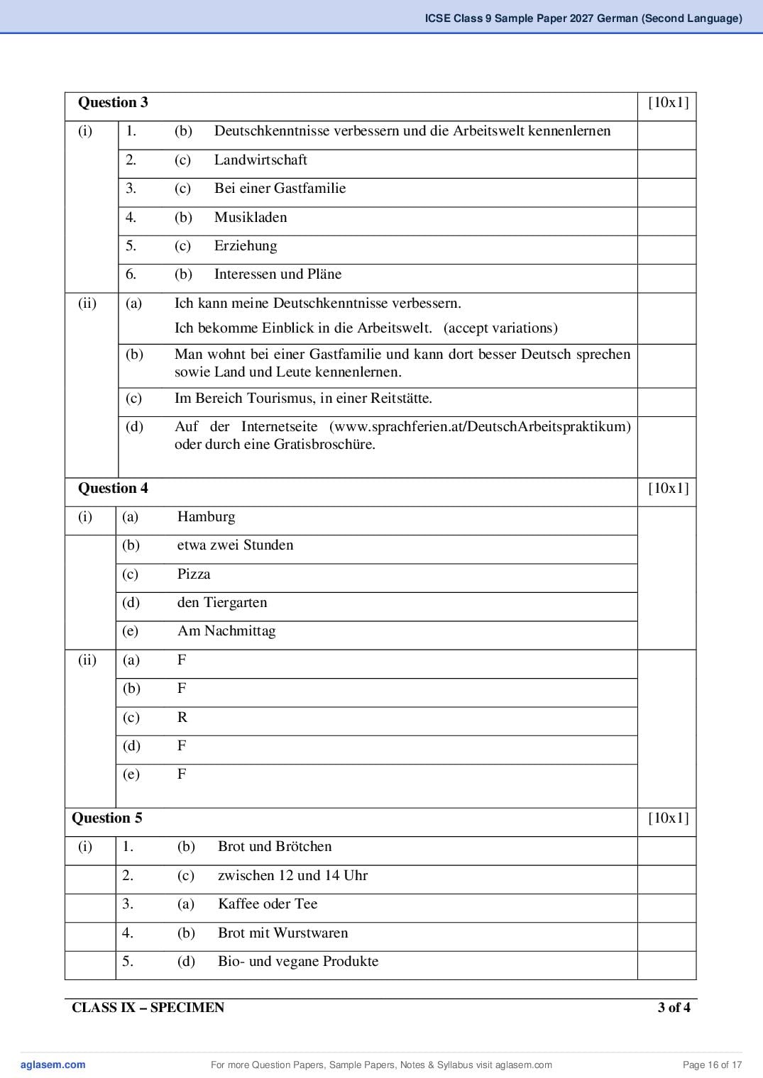 ICSE Class 9 German (Second Language) Specimen Paper 2027 (PDF)