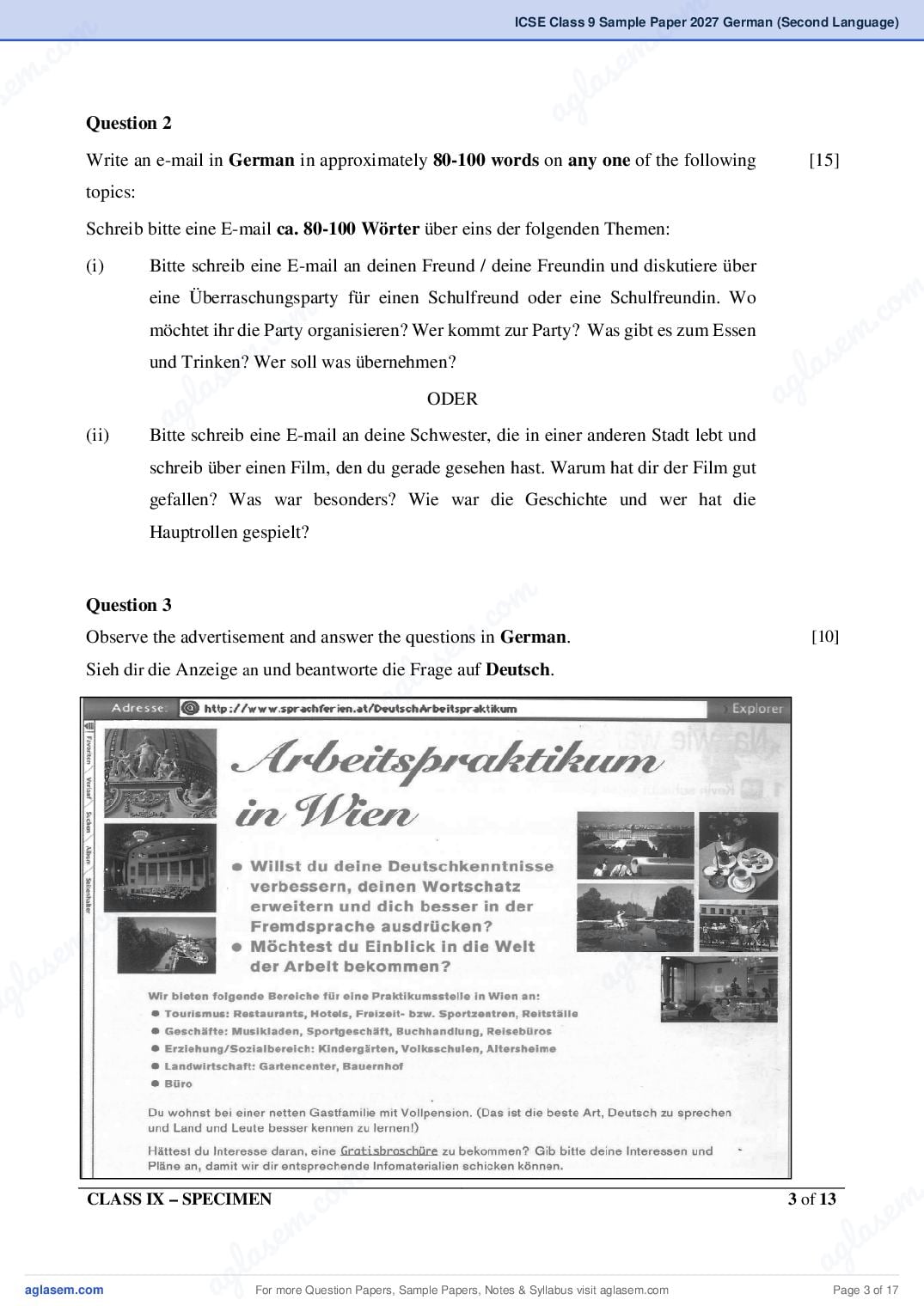 ICSE Class 9 German (Second Language) Specimen Paper 2027 (PDF)