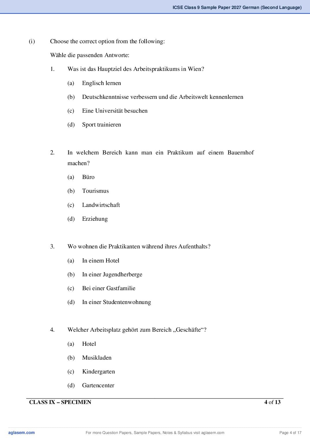 ICSE Class 9 German (Second Language) Specimen Paper 2027 (PDF)