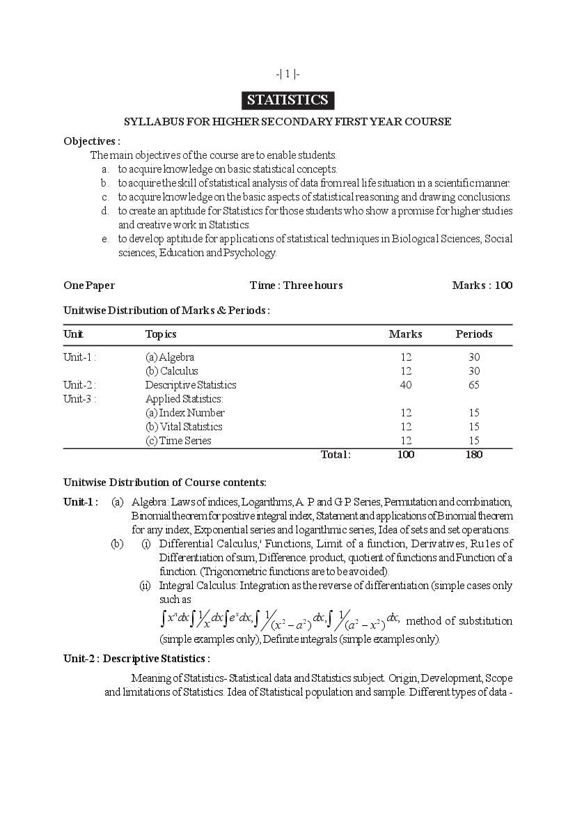 AHSEC 1st Year Syllabus Statistics - Page 1