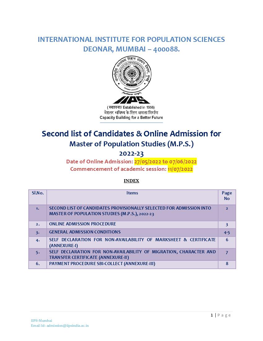 IIPS Admission 2022 2nd Provisional Selected Candidates List for MPS - Page 1
