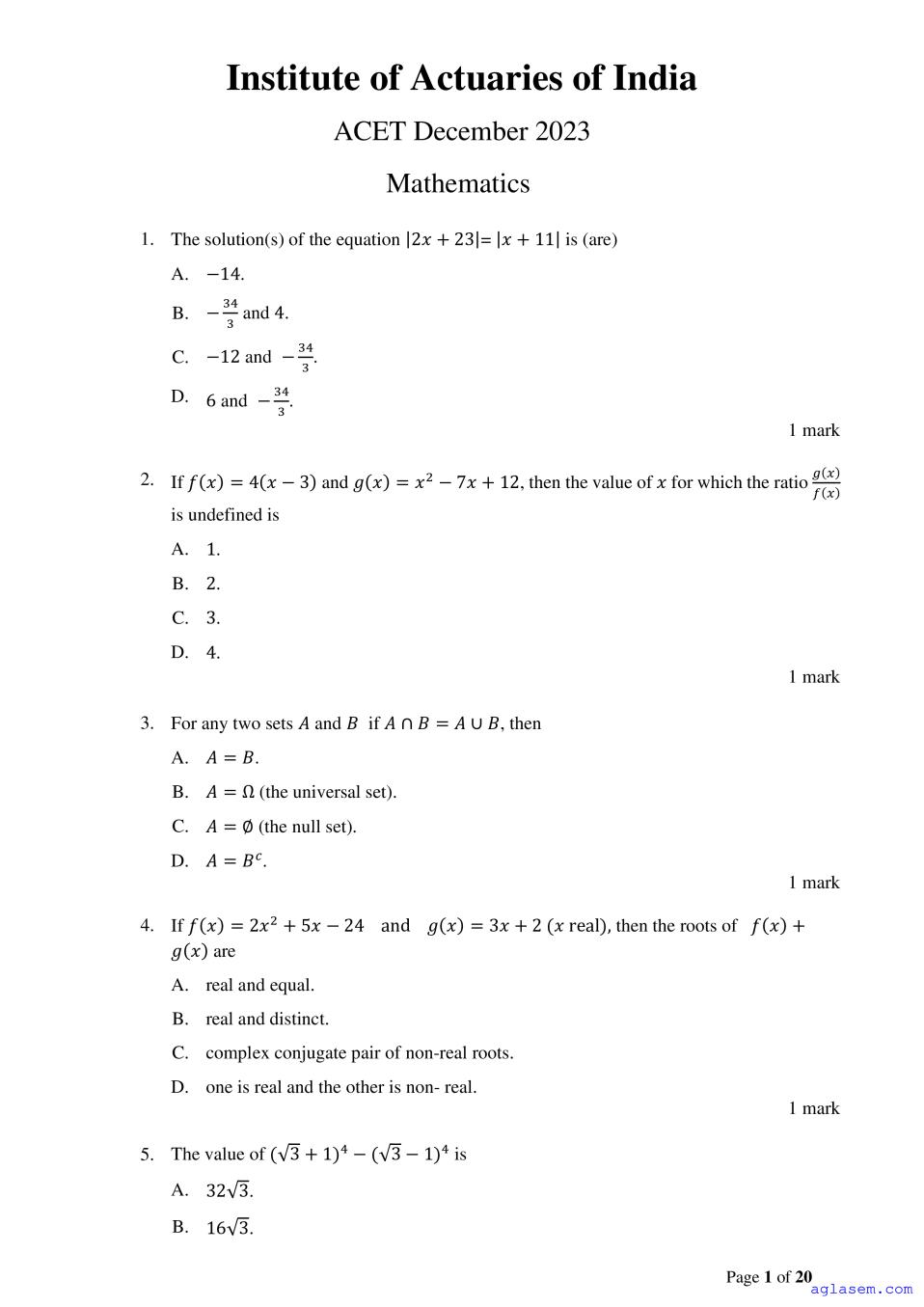 ACET Dec 2023 Question paper - Page 1 of 20