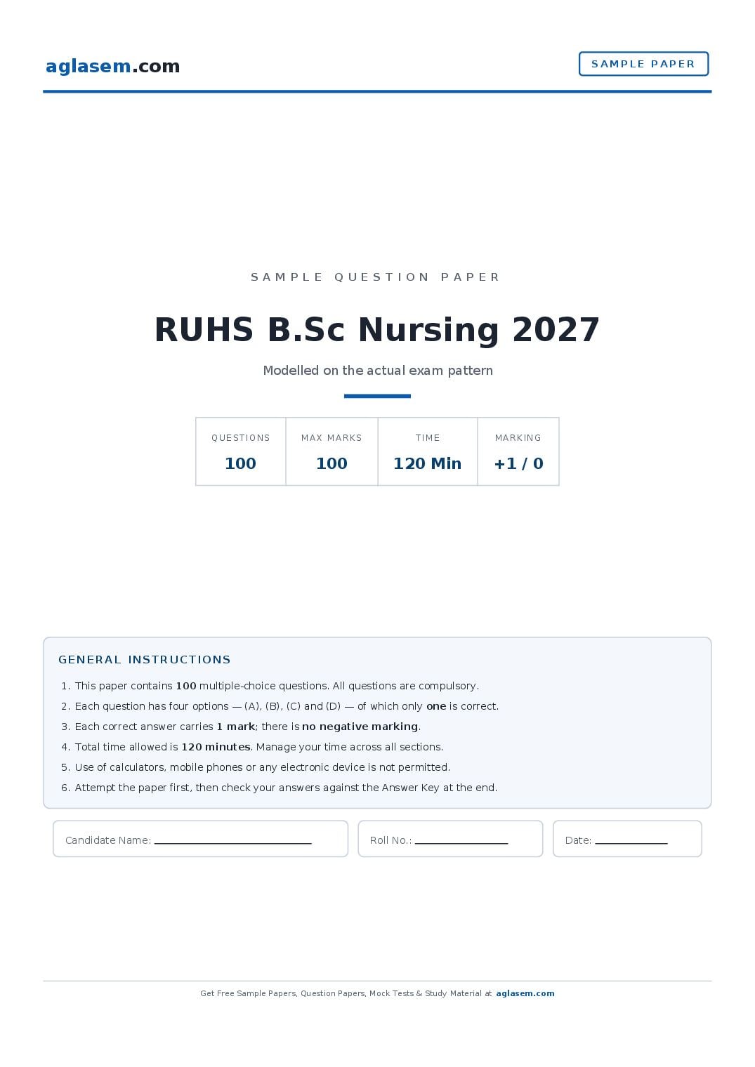 RUHS B.Sc Nursing 2027 Sample Paper - Page 1 of 10