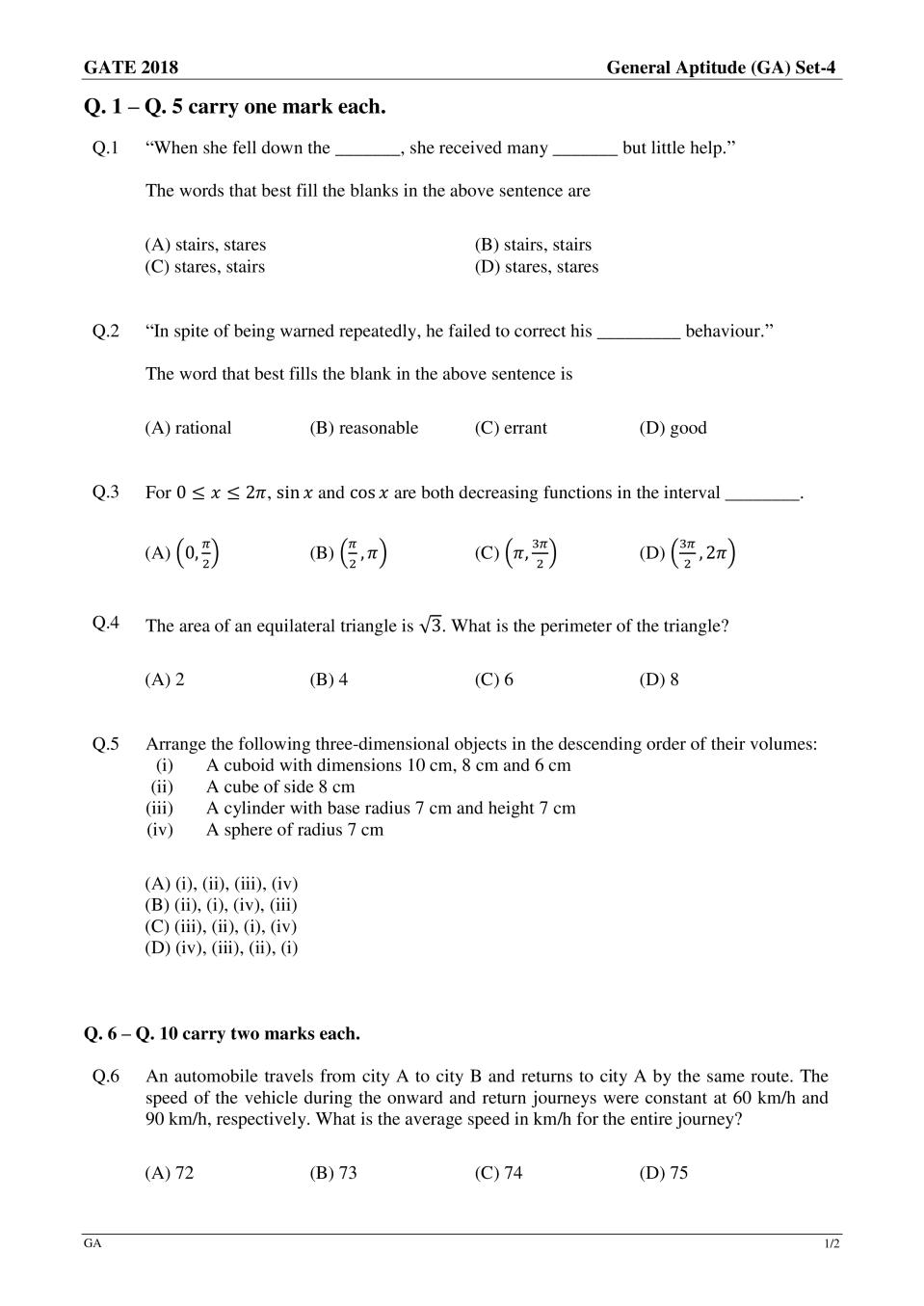 GATE 2018 Chemistry (CY) Question Paper with Answer - Page 1