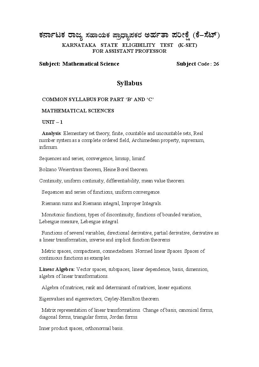 KSET Syllabus Mathematical Science - Page 1