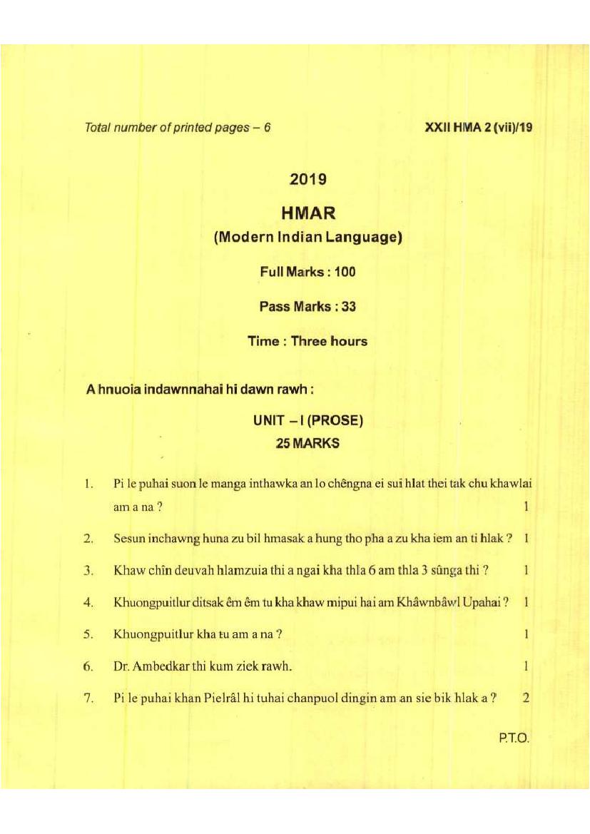 Manipur Board Class 12 Question Paper 2019 for Hmar - Page 1