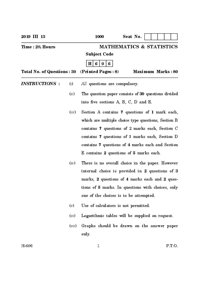 Goa Board Class 12 Question Paper Mar 2019 Mathematics and Statistics - Page 1
