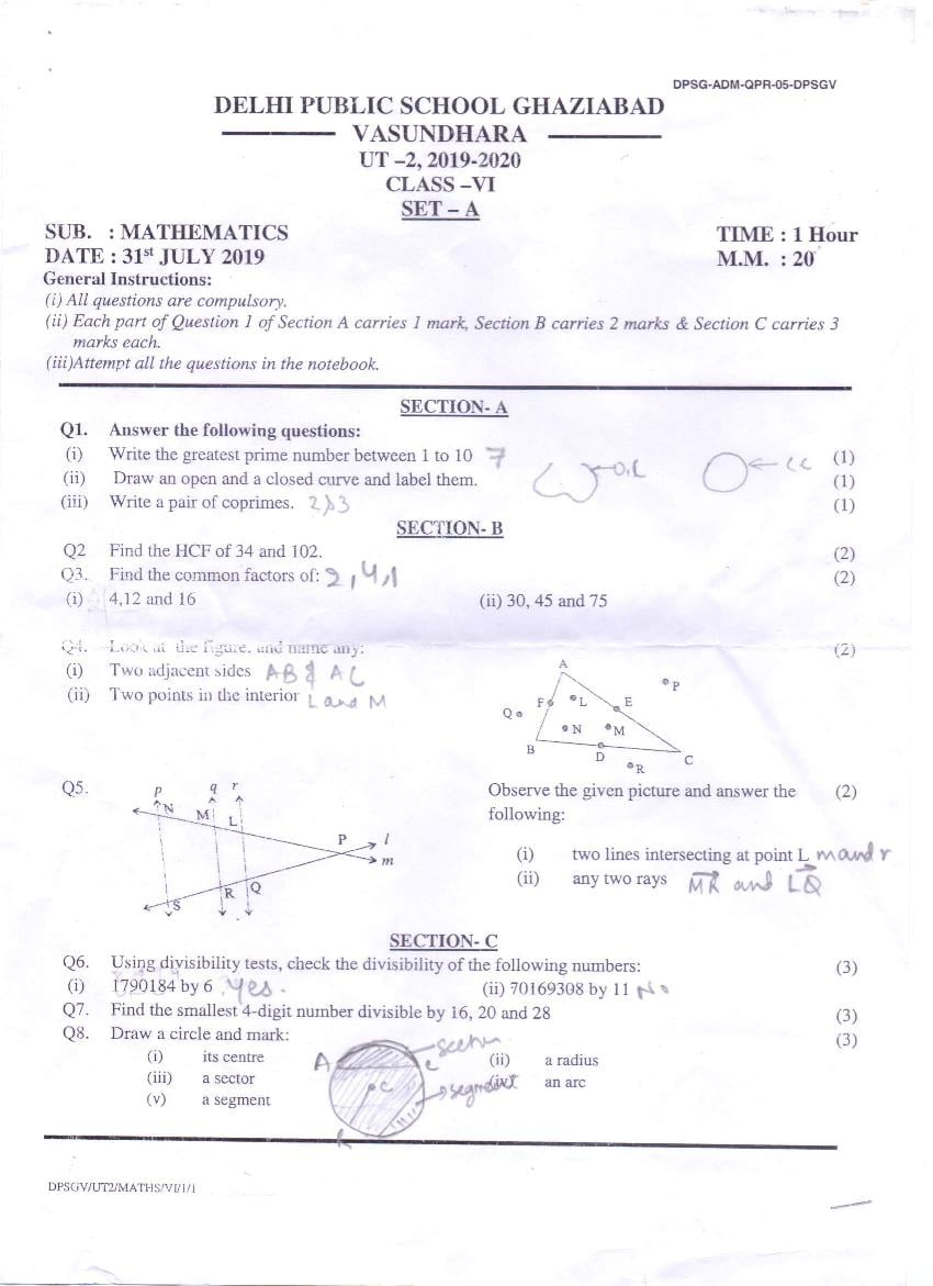 CBSE Class 6 Question Paper 2019 UT Maths - Page 1