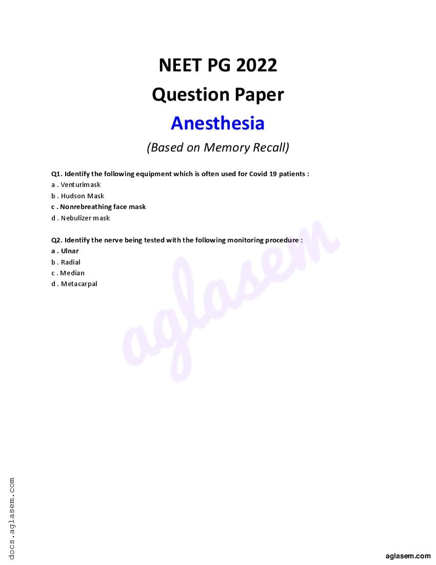 NEET PG 2022 Question Paper Anesthesia - Page 1