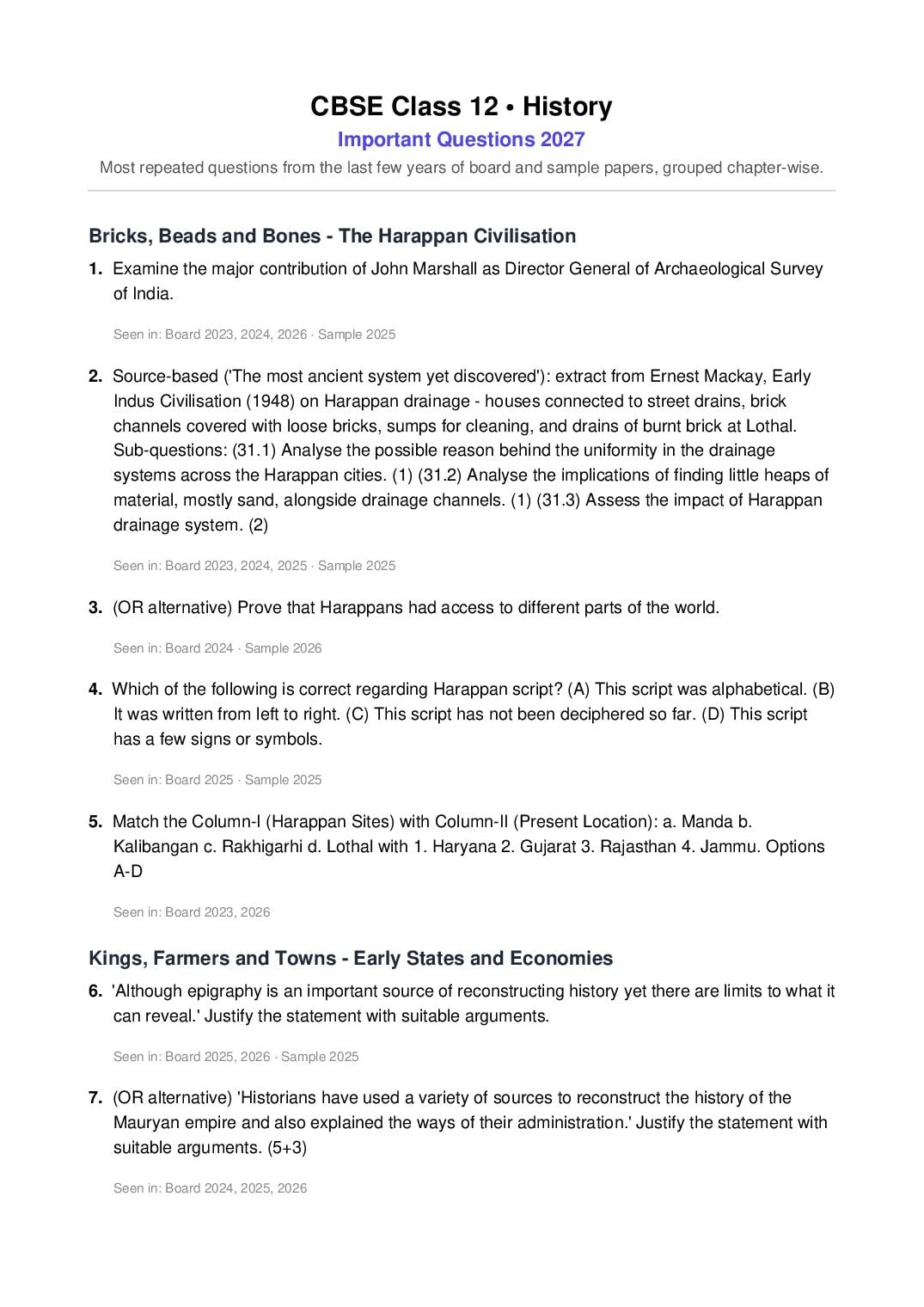 CBSE Class 12 Important Questions 2027 History - Page 1 of 9