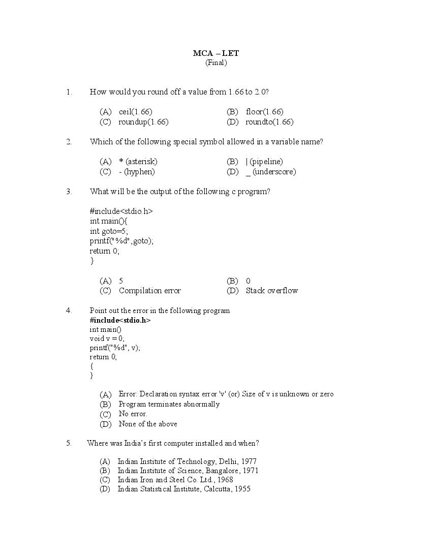 CUSAT CAT 2017 Question Paper MCA LE - Page 1