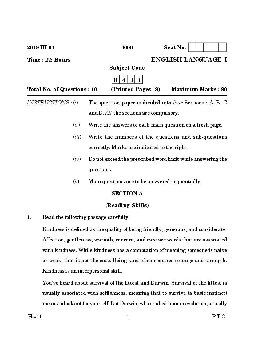 Goa Board Class 12 Question Paper Mar 2019 English Language I - Page 1