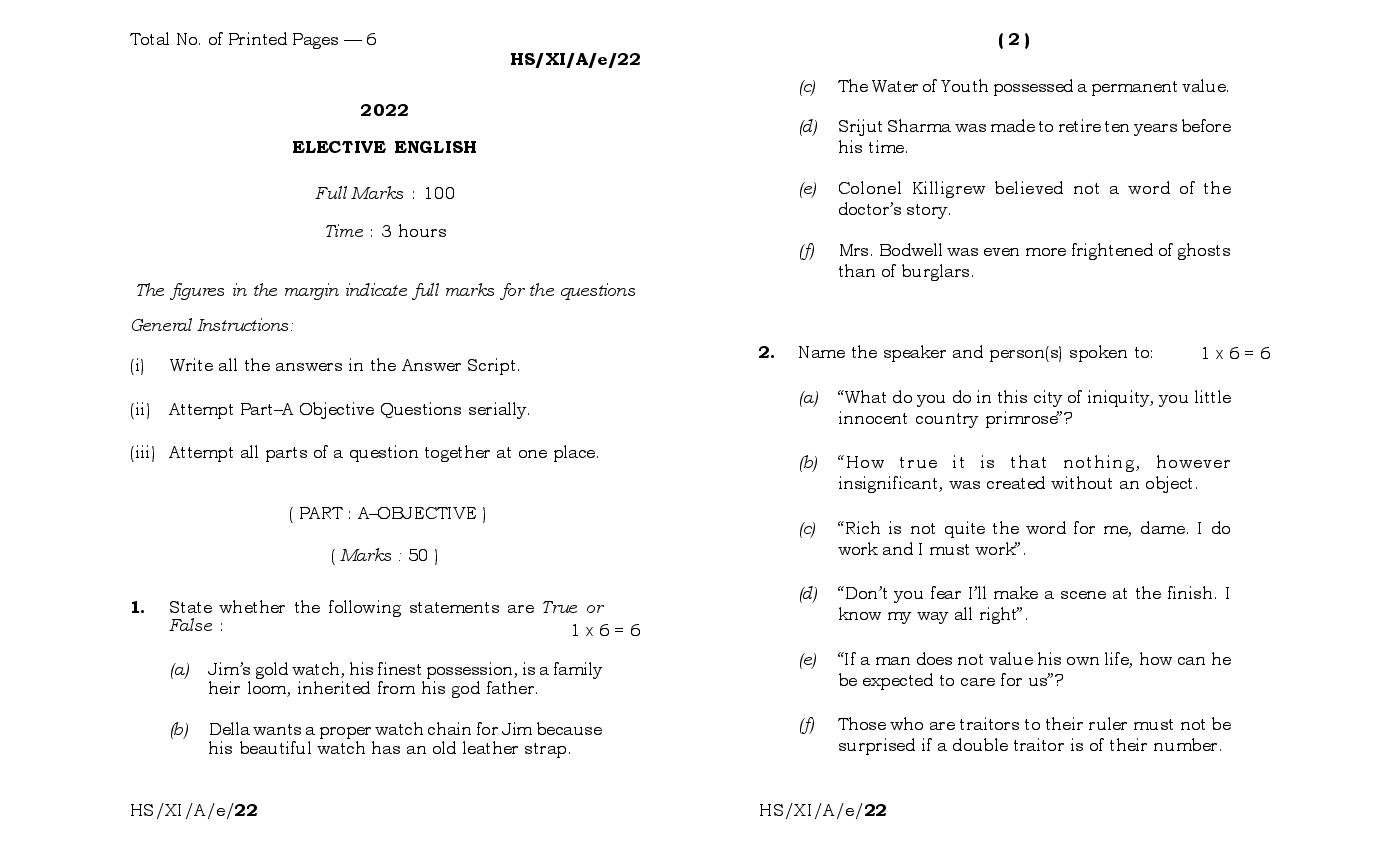 MBOSE Class 11 Question Paper 2022 for English Elective - Page 1