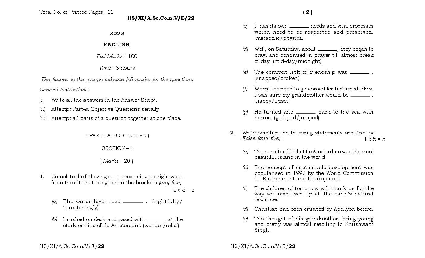 MBOSE Class 11 Question Paper 2022 for English - Page 1