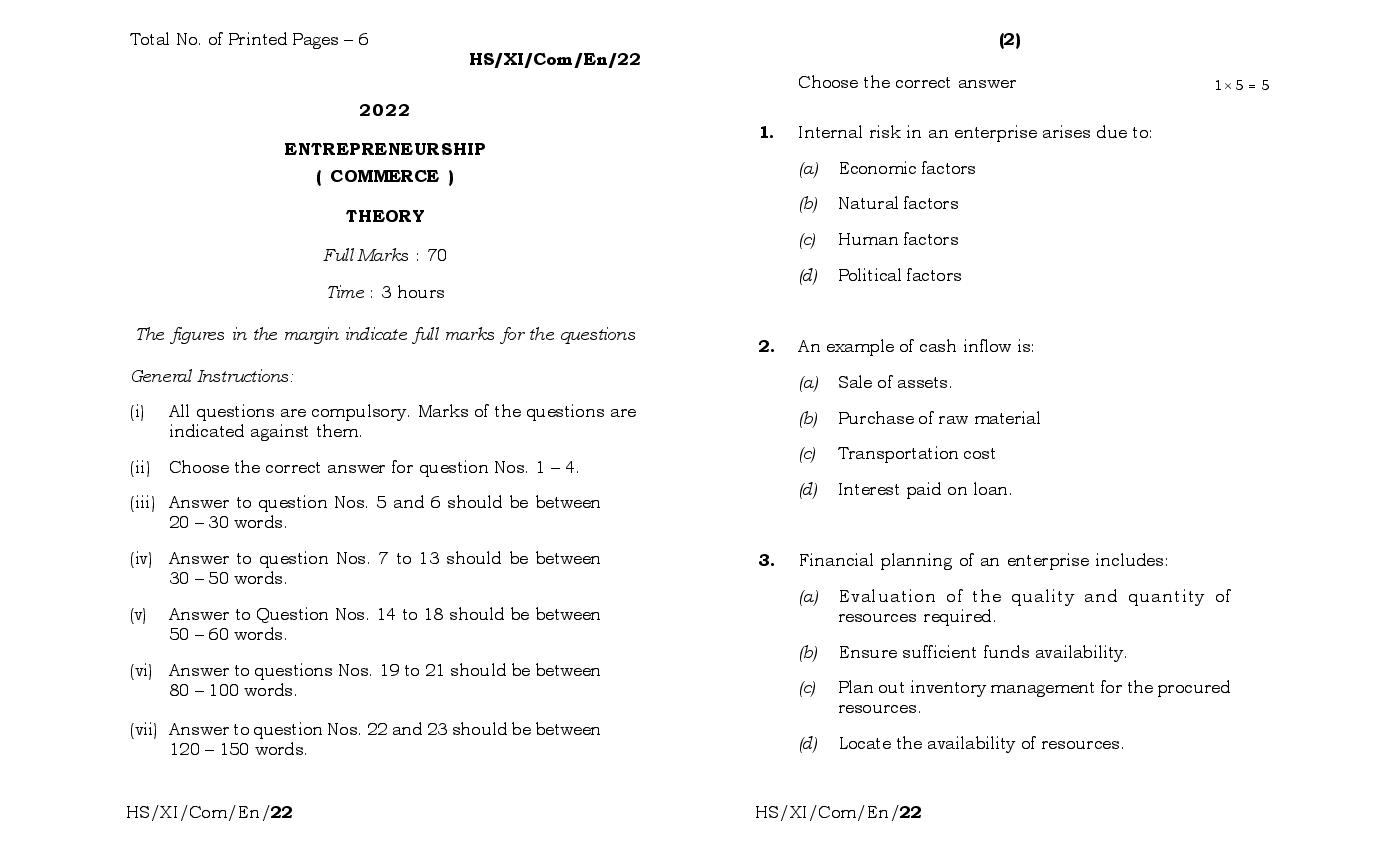 MBOSE Class 11 Question Paper 2022 for Entrpreneurship - Page 1