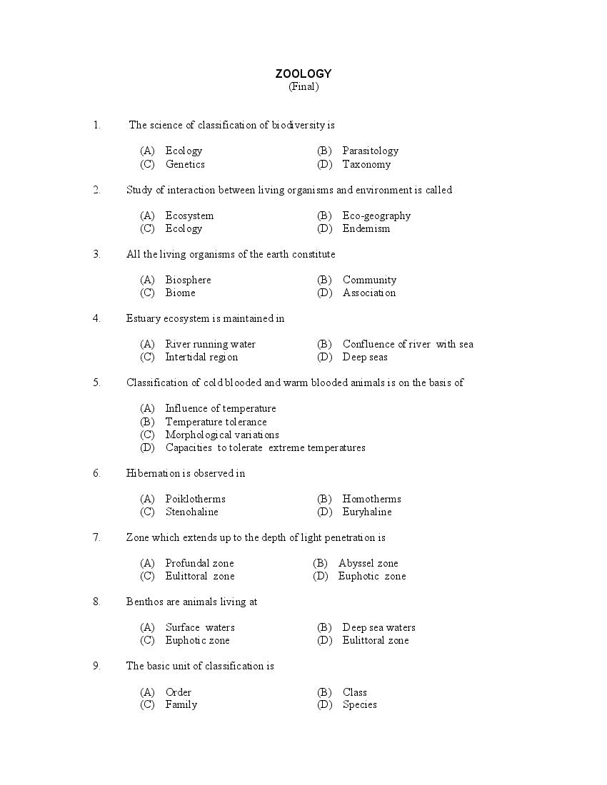 CUSAT CAT 2017 Question Paper Zoology - Page 1