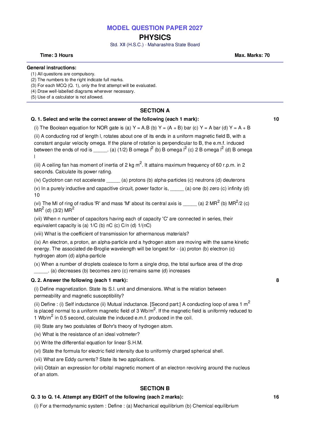 Maharashtra 12th Std Model Question Paper 2027 Physics - Page 1 of 3