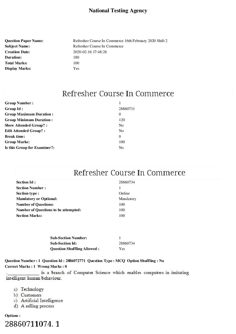 ARPIT 2020 Question Paper for Refresher Course In Commerce Shift 2 - Page 1