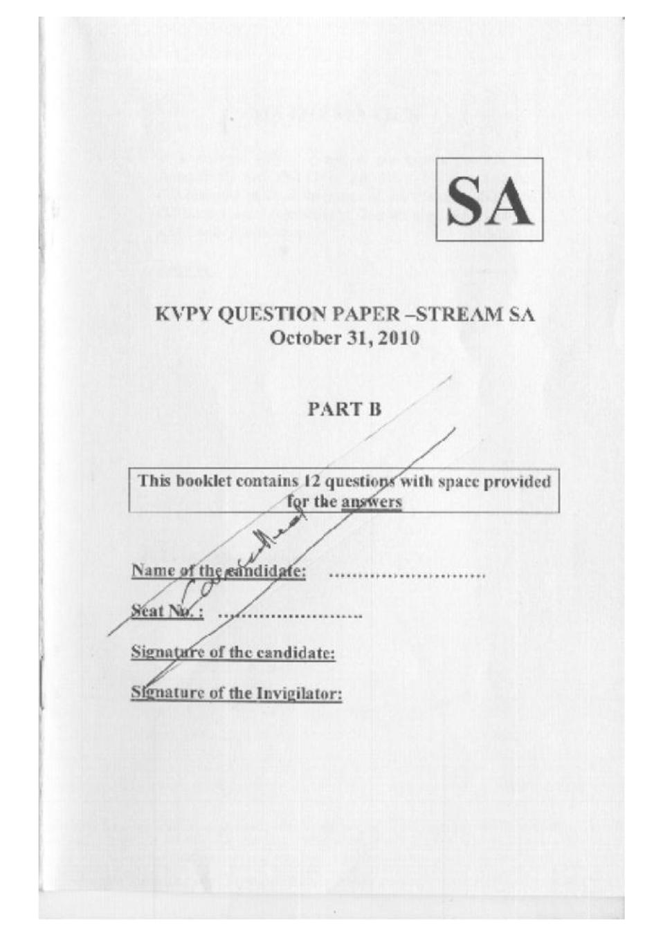 KVPY 2010 Question Paper with Answer Key for SA Stream Part B - Page 1