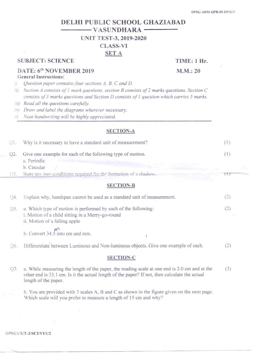 CBSE Class 6 Question Paper 2019 UT Science - Page 1