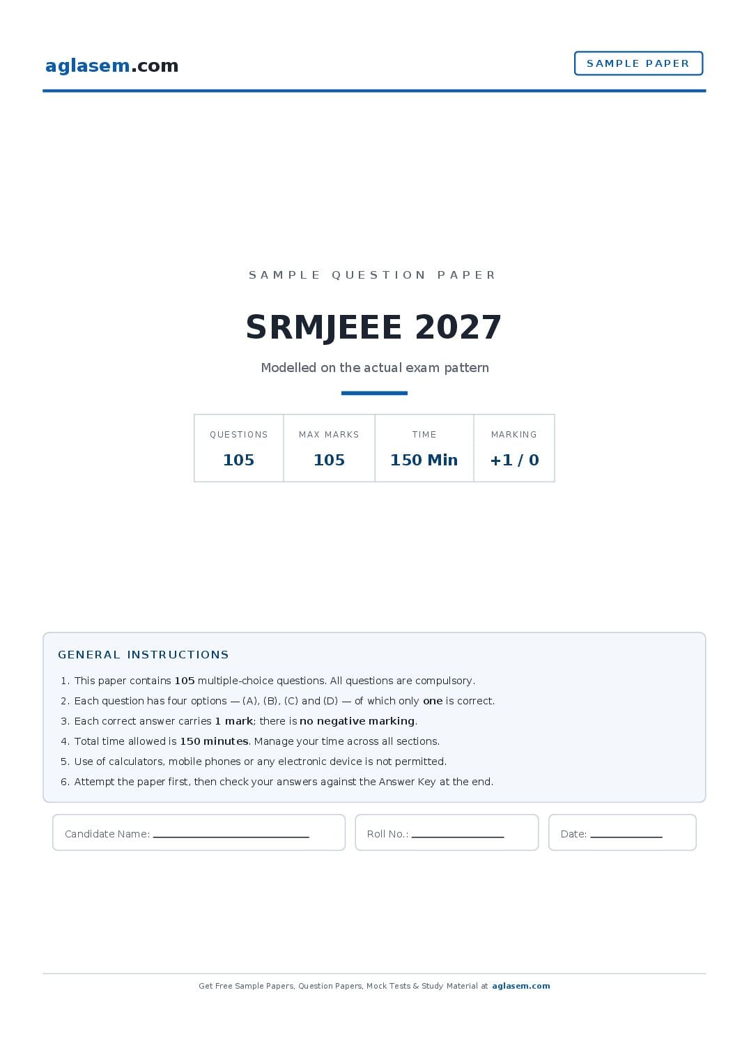SRMJEEE 2027 Sample Paper - Page 1 of 13