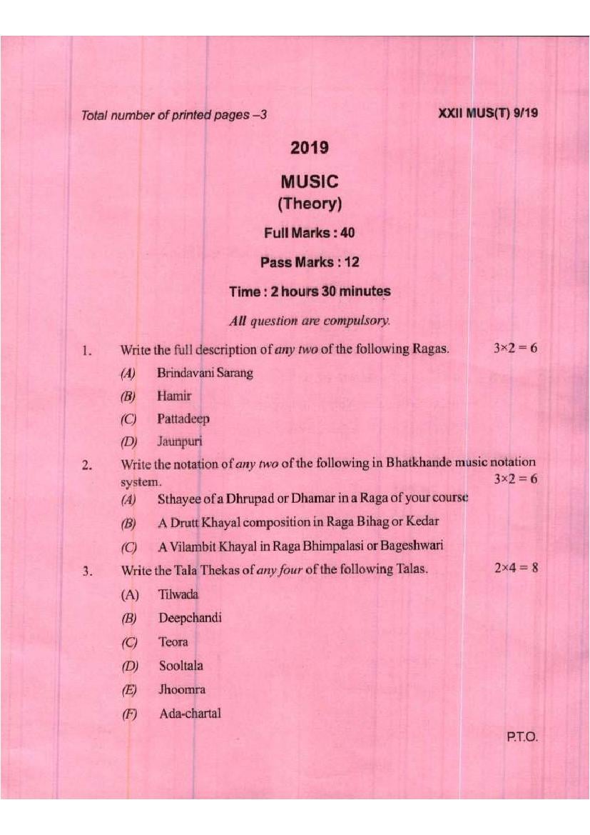 Manipur Board Class 12 Question Paper 2019 for Music - Page 1