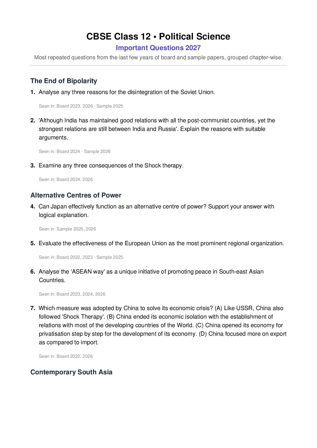 CBSE Class 12 Important Questions 2027 Political Science - Page 1 of 6