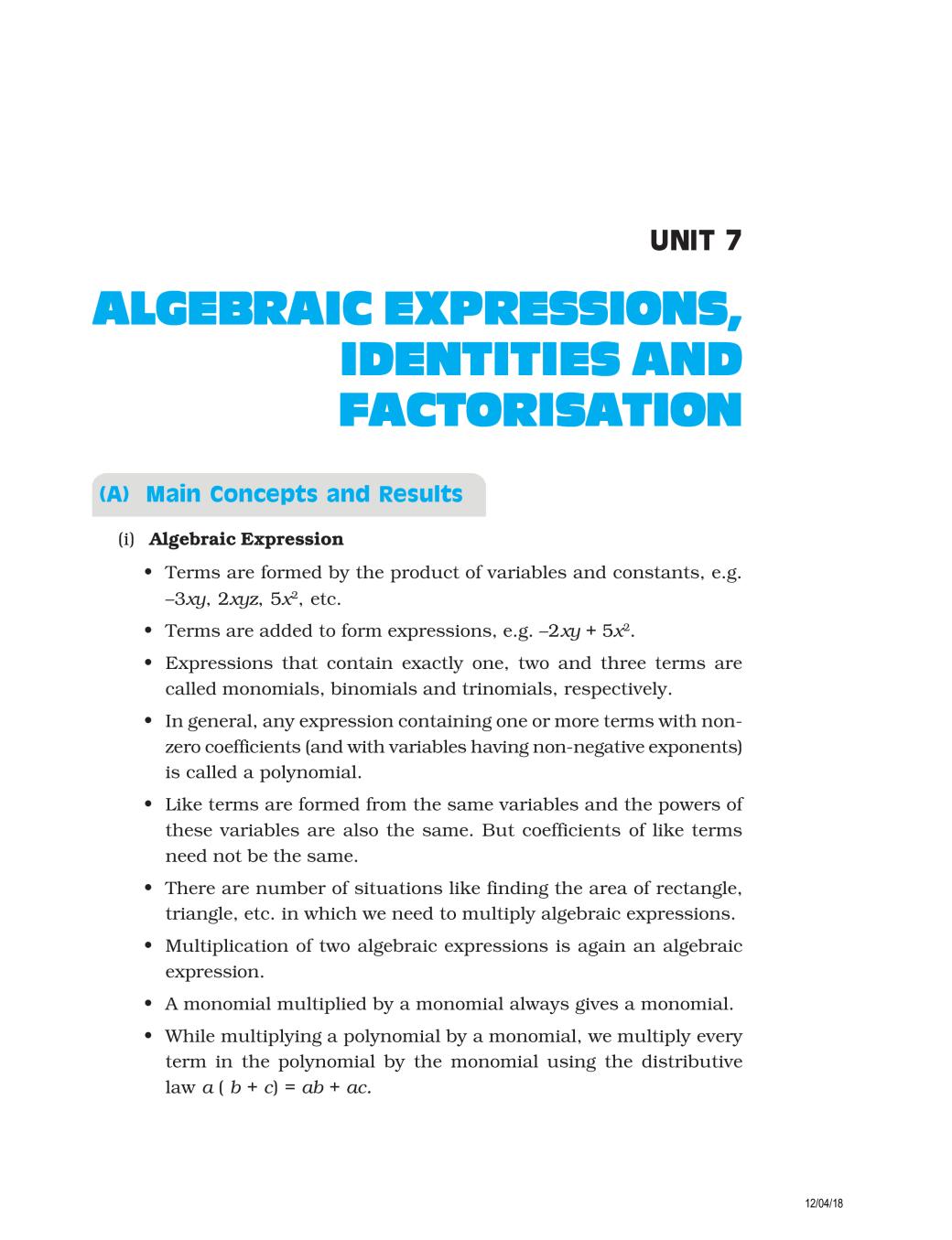 NCERT Exemplar Class 08 Maths Unit 7 Algebraic Expression, Identities Factorisation - Page 1