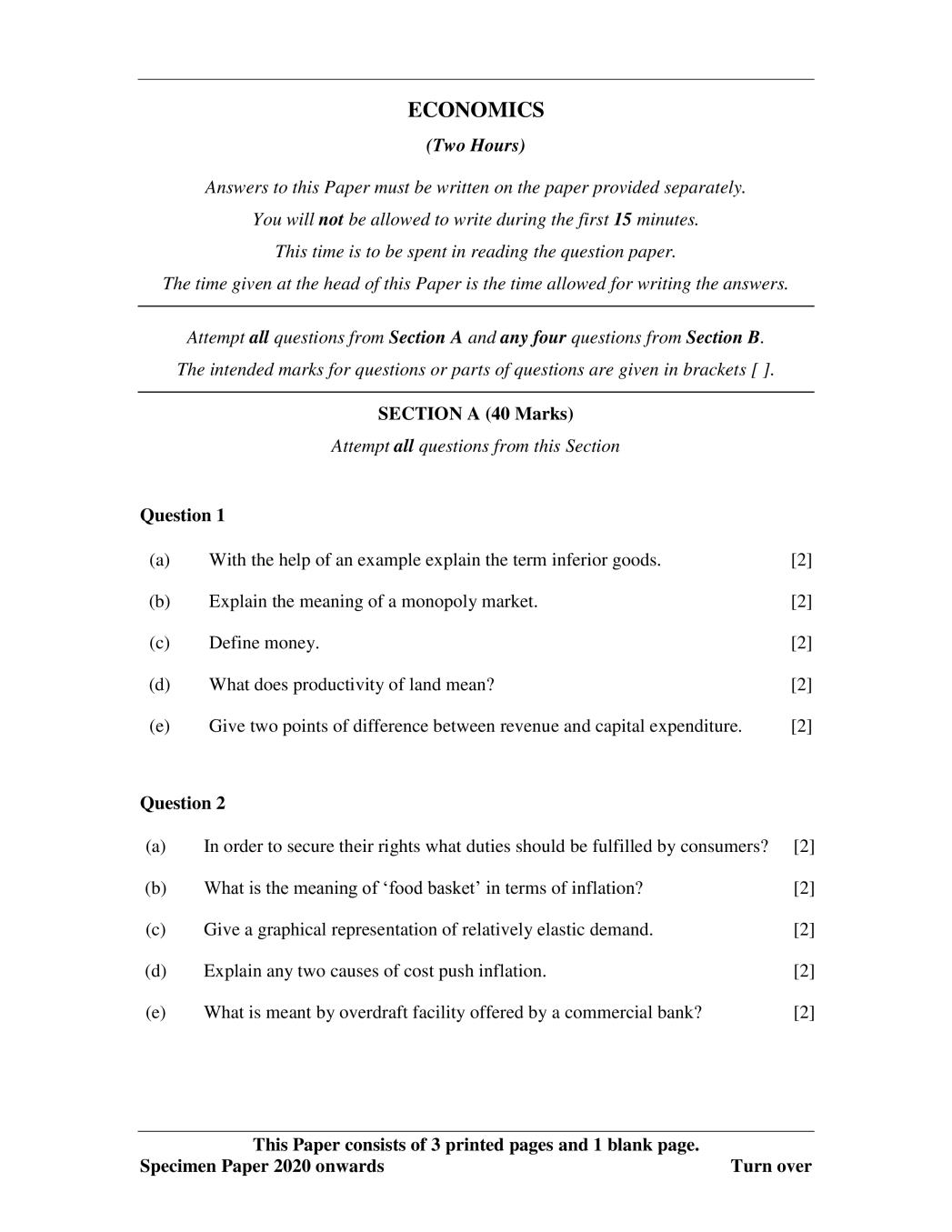 ICSE Class 10 Specimen Paper 2020 for Economics  - Page 1