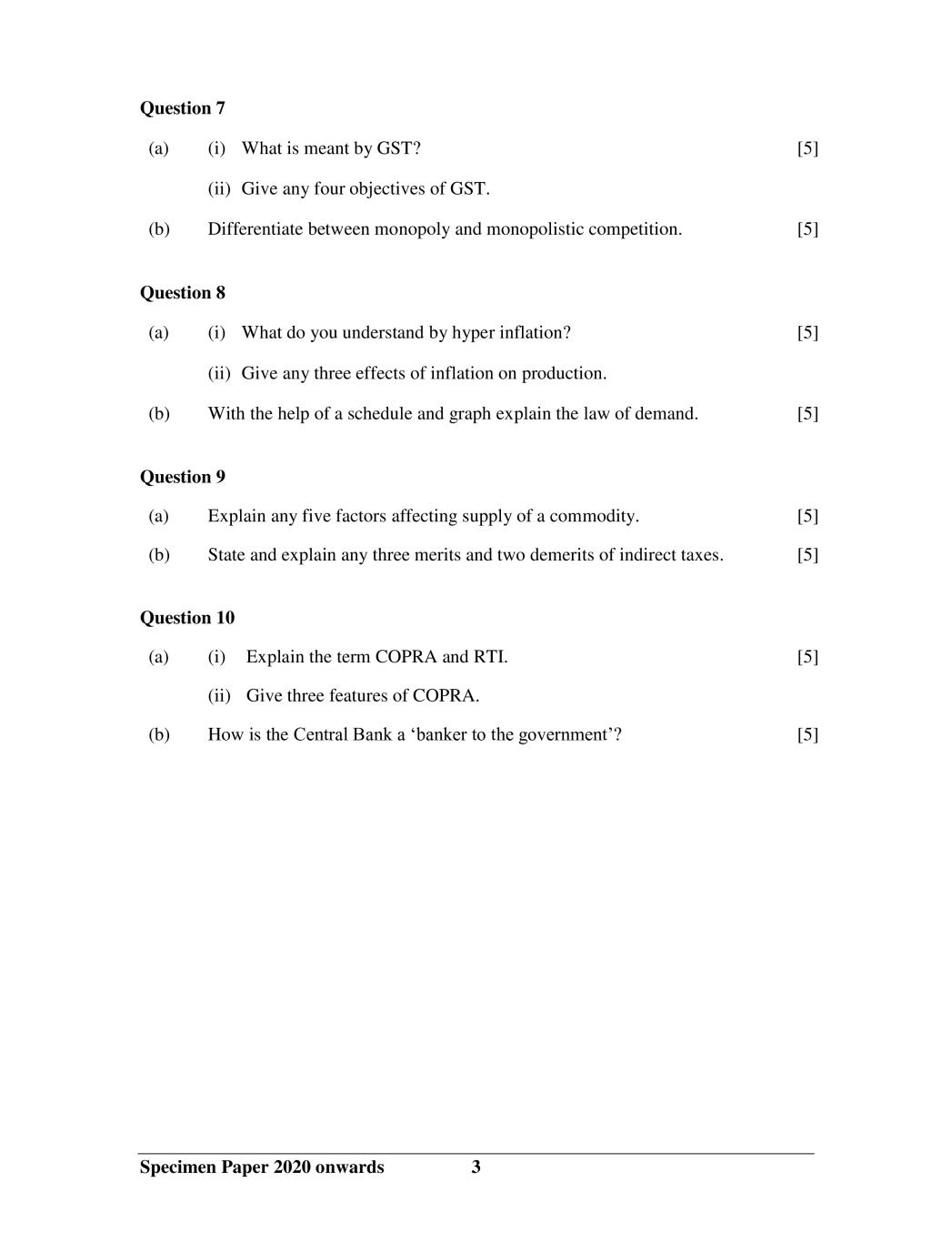 ICSE Class 10 Economics Sample Paper 2020 - 2021 | AglaSem Schools