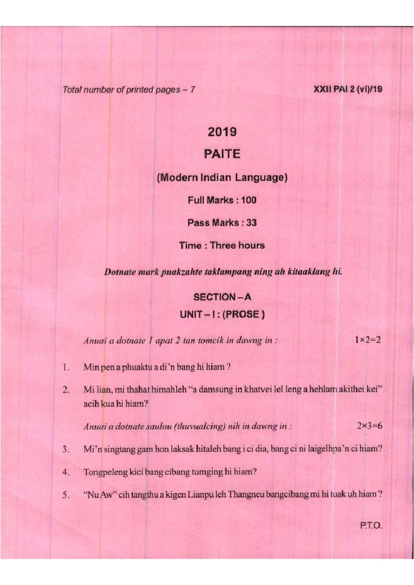 Manipur Board Class 12 Question Paper 2019 for Paite - Page 1