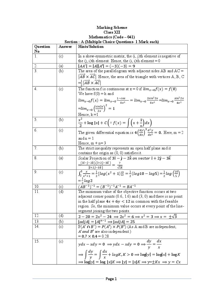 CBSE Class 12 Sample Paper 2023 Solution Maths - Page 1