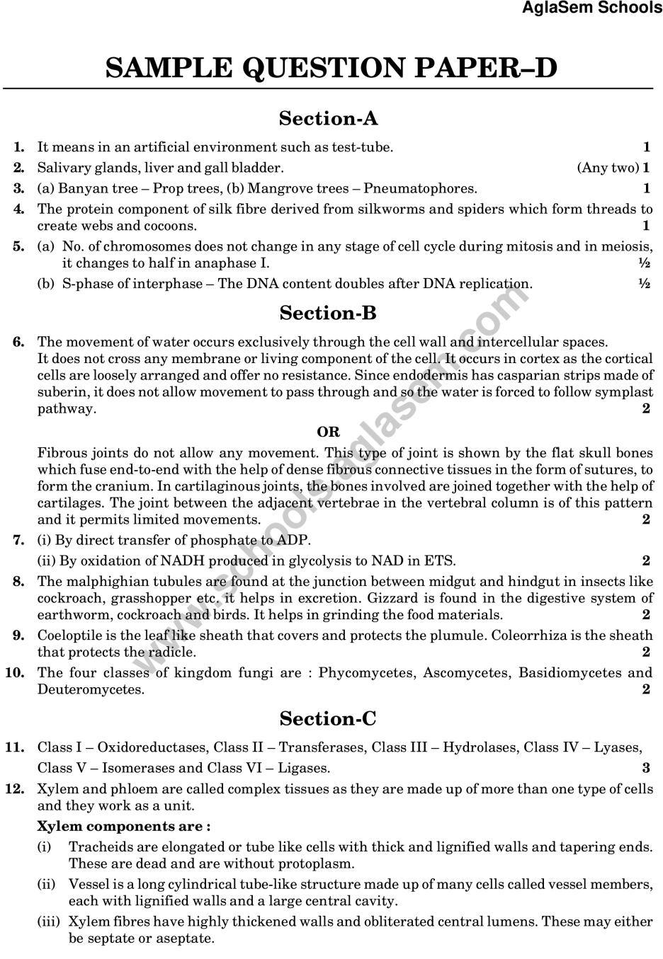 CBSE Class 11 Sample Paper for Biology Set d - Page 1