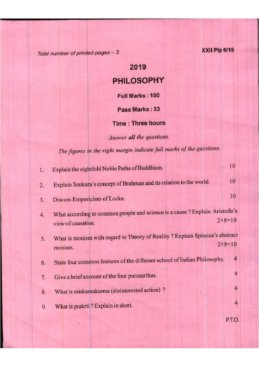 Manipur Board Class 12 Question Paper 2019 for Philosophy - Page 1