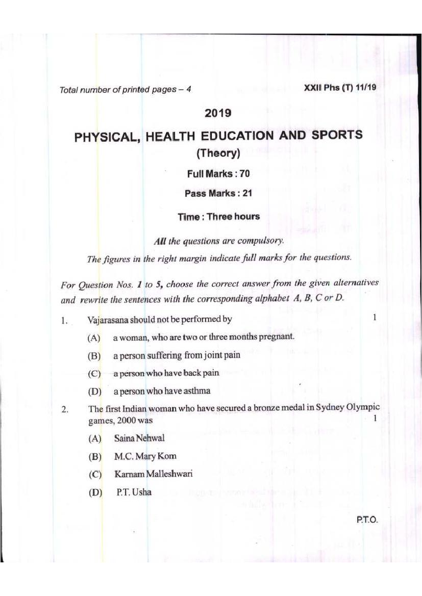 Manipur Board Class 12 Question Paper 2019 for Physical Education - Page 1