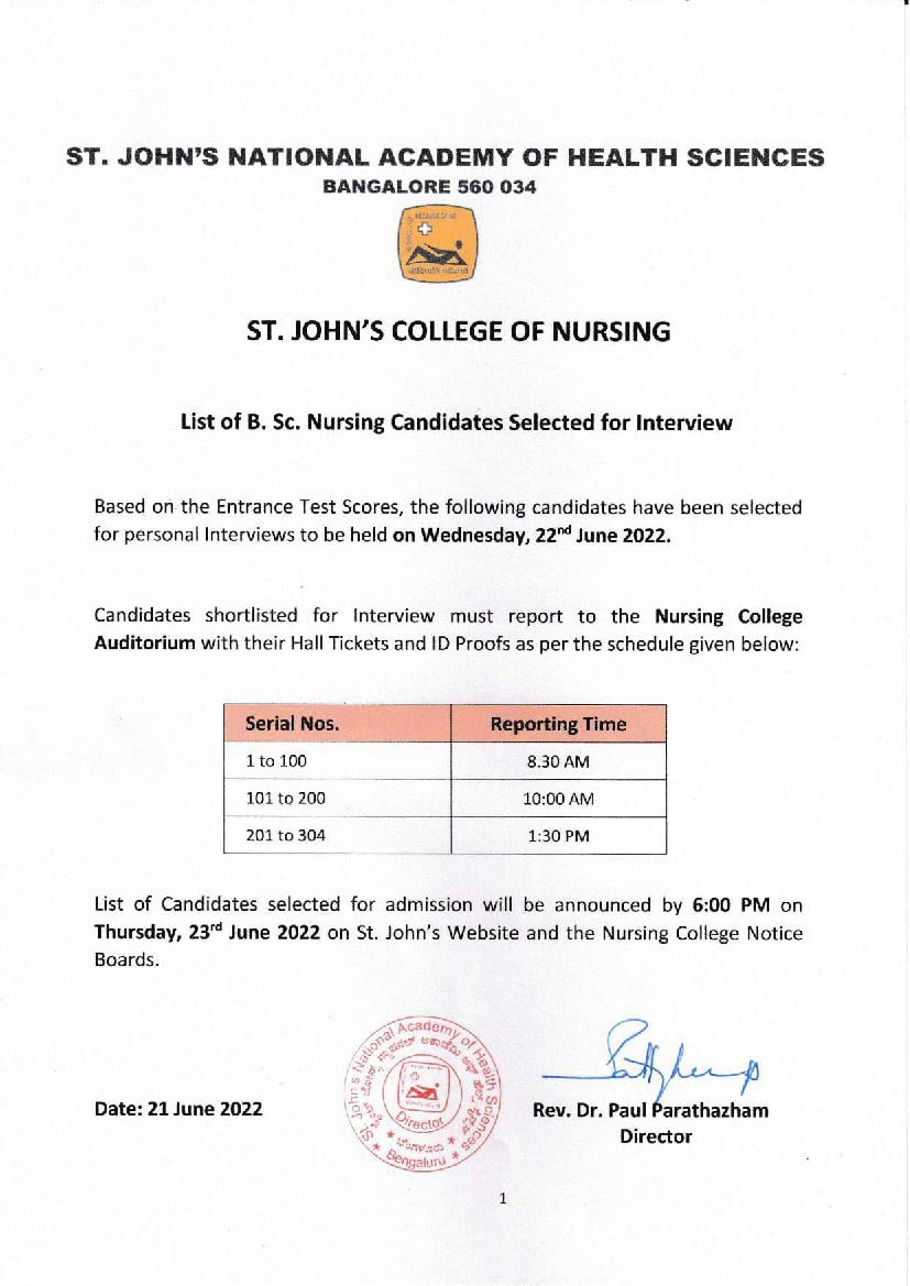 St. John’s B.Sc Nursing Entrance Exam 2022 Result